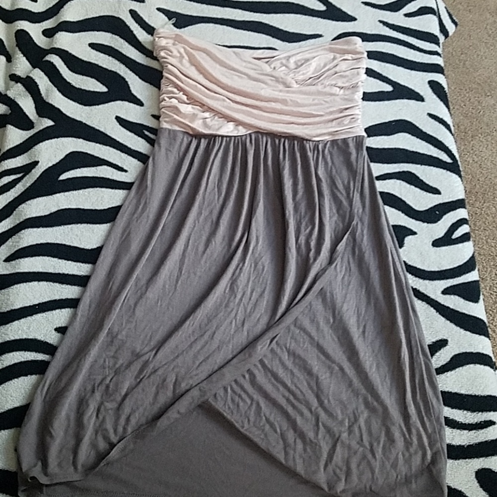 Pink and gray baby doll type strapless dress